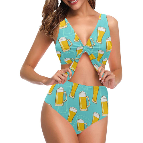 Beer pattern green background Chest Bowknot High Waisted Bikini Swimsuit
