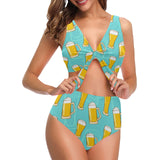 Beer pattern green background Chest Bowknot High Waisted Bikini Swimsuit