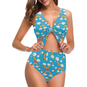 Rainbows Sky Clouds Pattern Chest Bowknot High Waisted Bikini Swimsuit