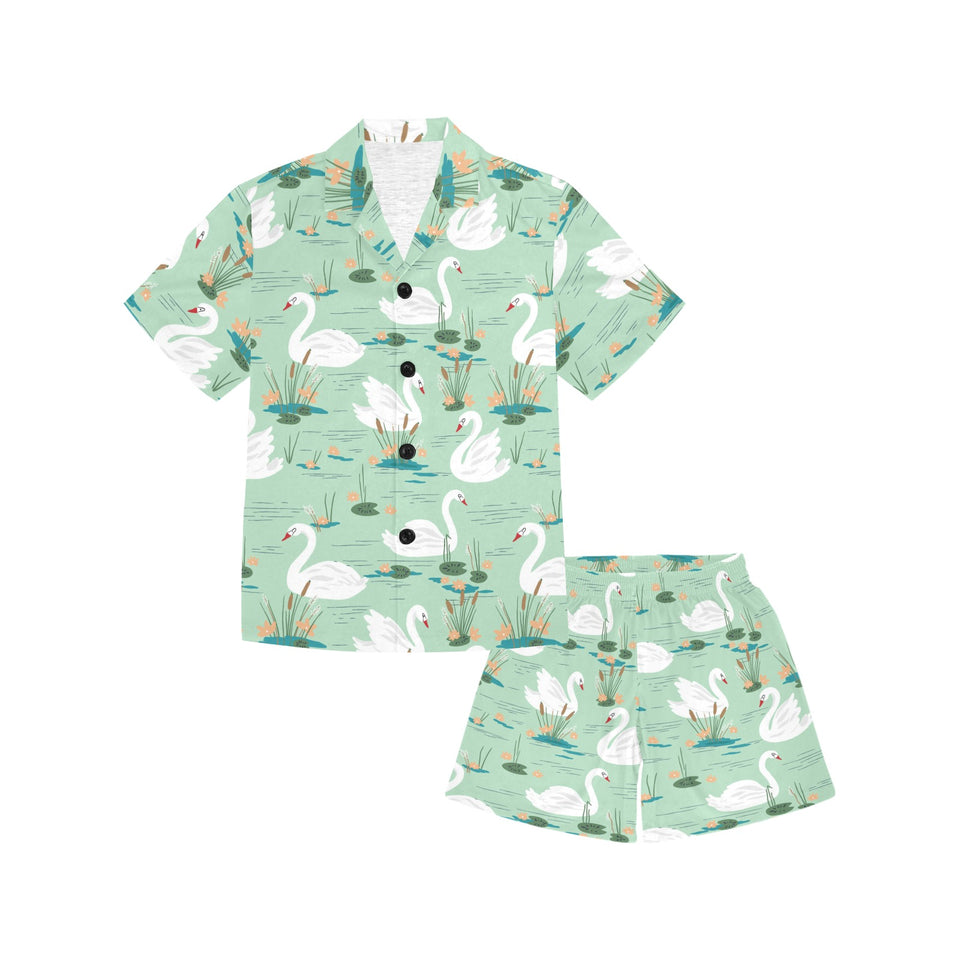 White swan lake pattern Kids' Boys' Girls' V-Neck Short Pajama Set