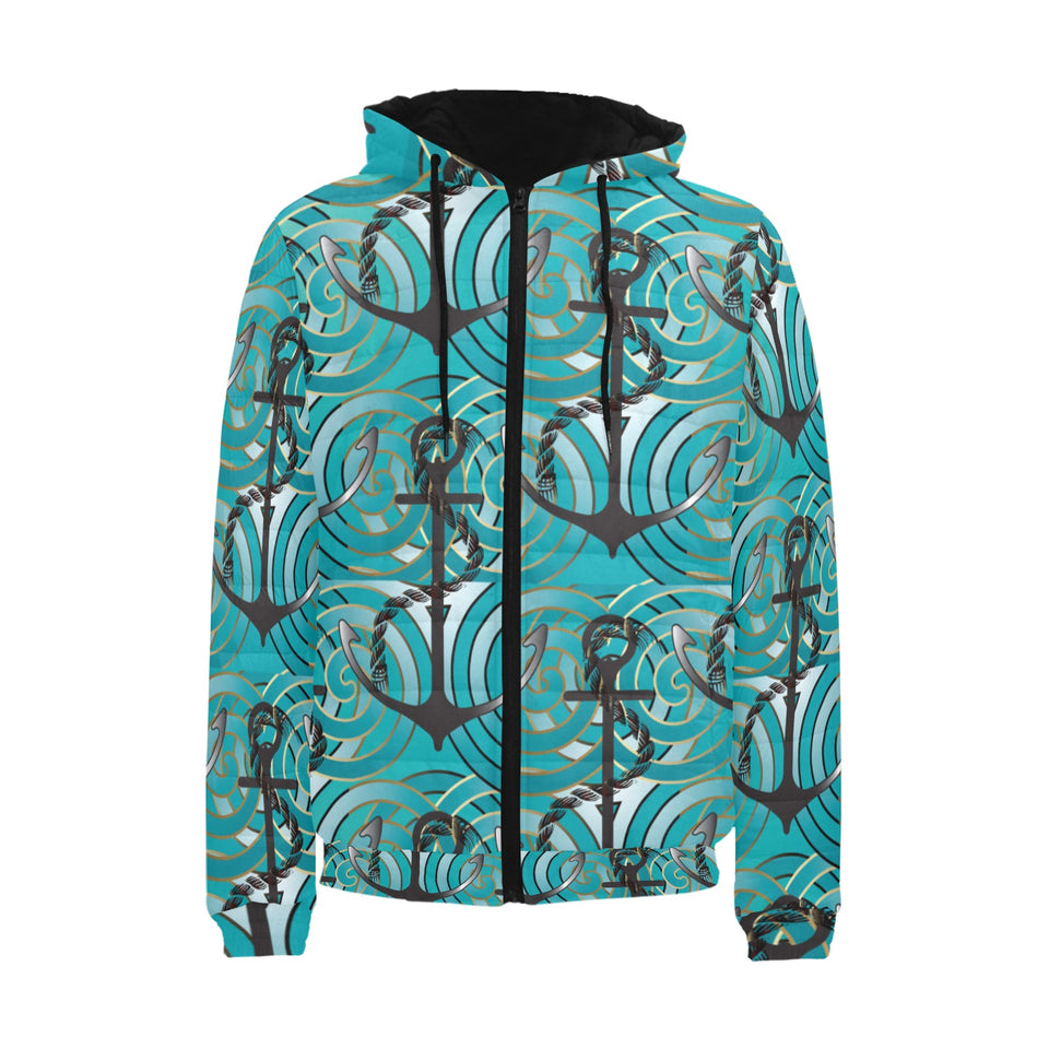 Anchor nautical green background Men's Padded Hooded Jacket