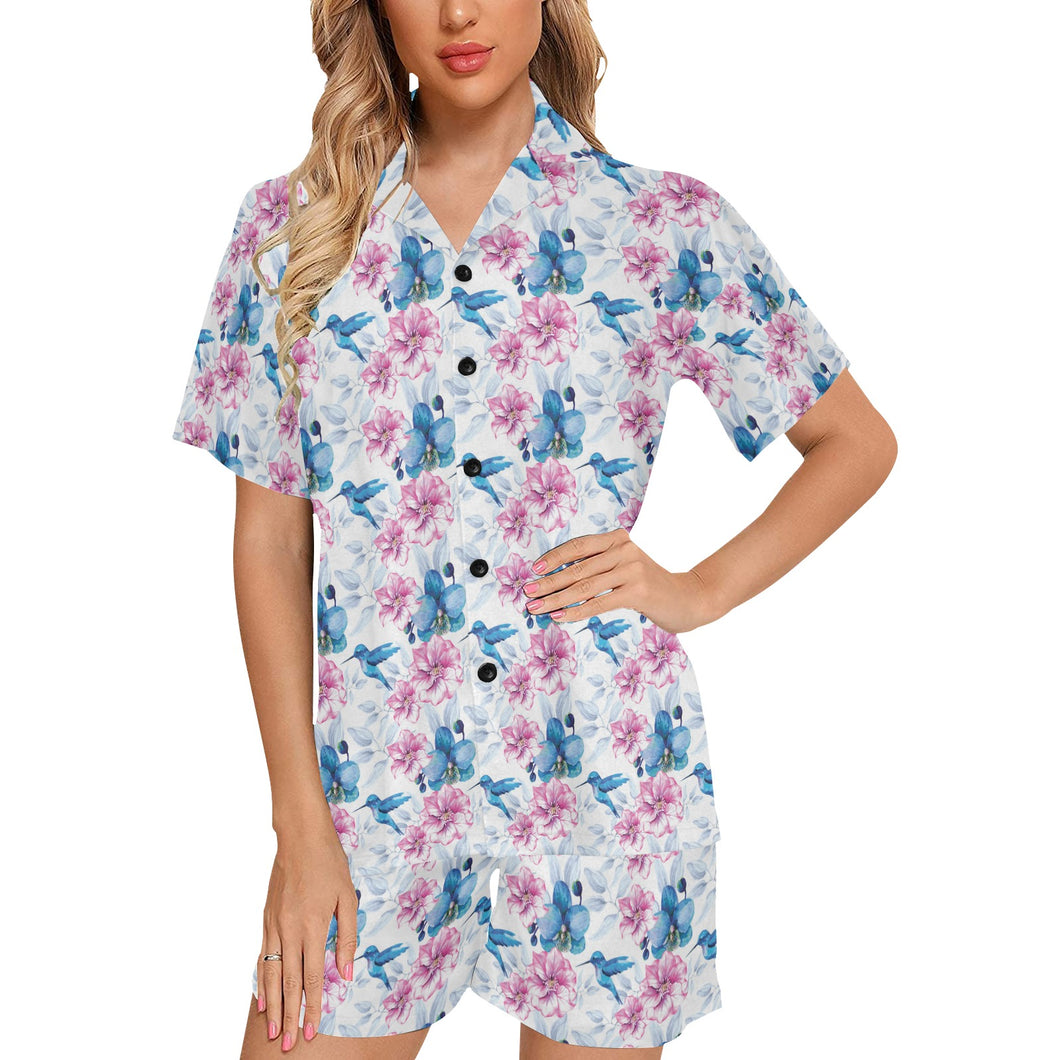 Hummingbird Pattern Print Design 02 Women's V-Neck Short Pajama Set