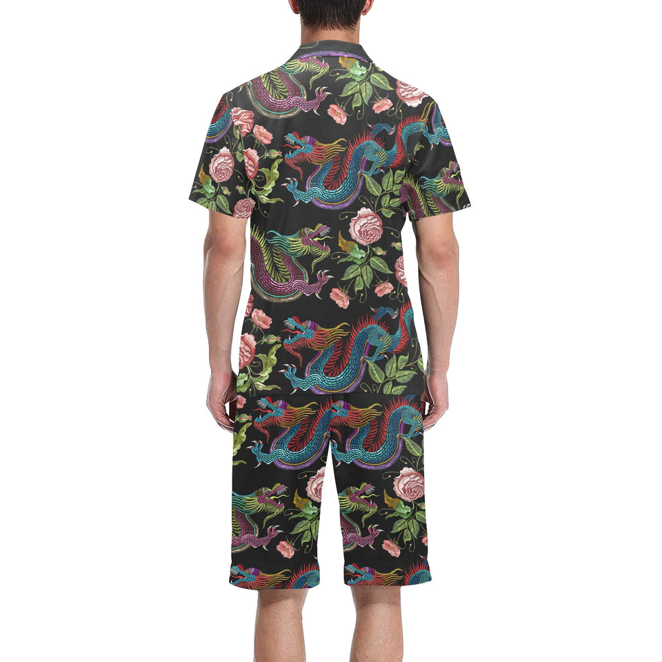 Dragons flower pattern Men's V-Neck Short Pajama Set