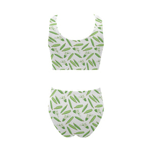Green Peas Pattern Print Design 04 Chest Bowknot High Waisted Bikini Swimsuit