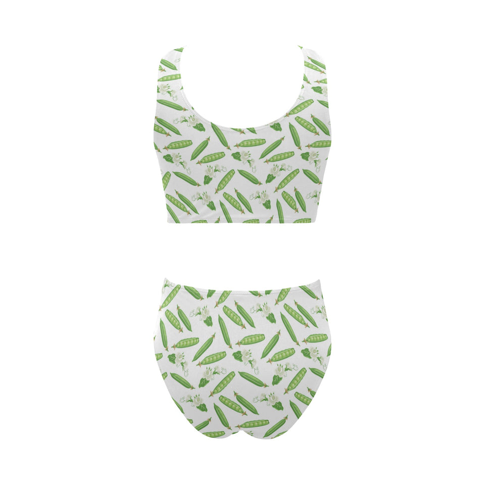 Green Peas Pattern Print Design 04 Chest Bowknot High Waisted Bikini Swimsuit