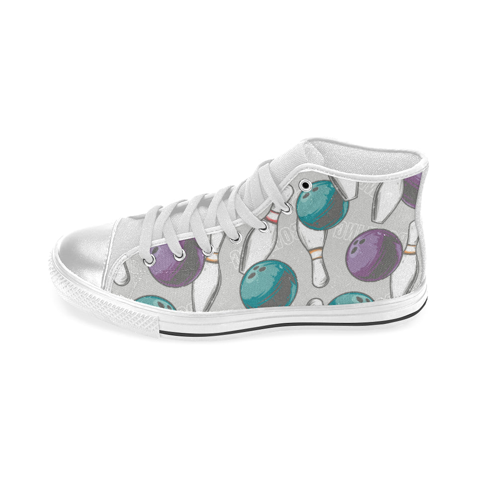 Bowling ball and pin gray background Women's High Top Canvas Shoes White