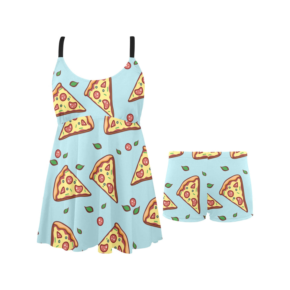 Hand drawn pizza blue background Chest Sexy Pleated Two Piece Swim Dress