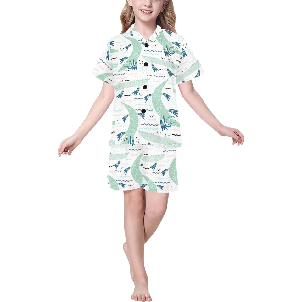 Crocodile diver pattern Kids' Boys' Girls' V-Neck Short Pajama Set