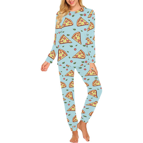 Hand drawn pizza blue background Women's All Over Print Pajama Set
