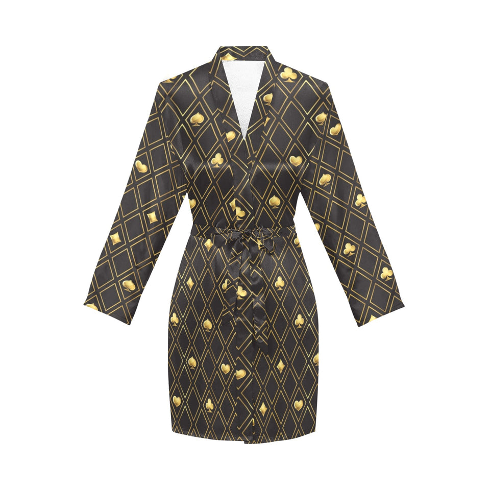 Casino Cards Suits Pattern Print Design 01 Women's Long Sleeve Belted Night Robe