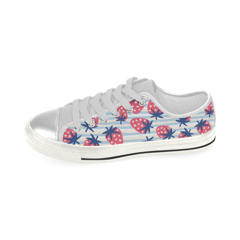 Strawberry pattern blue lines background Women's Low Top Canvas Shoes White