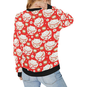 Cute Maneki neko cat red background Women's Crew Neck Sweatshirt