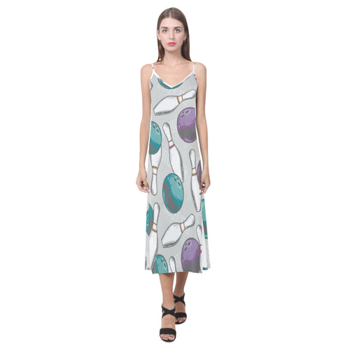 Bowling ball and pin gray background V-Neck Open Fork Long Dress