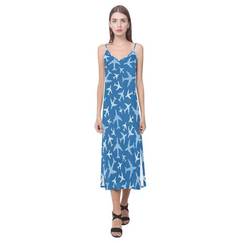 Airplane pattern in the sky V-Neck Open Fork Long Dress