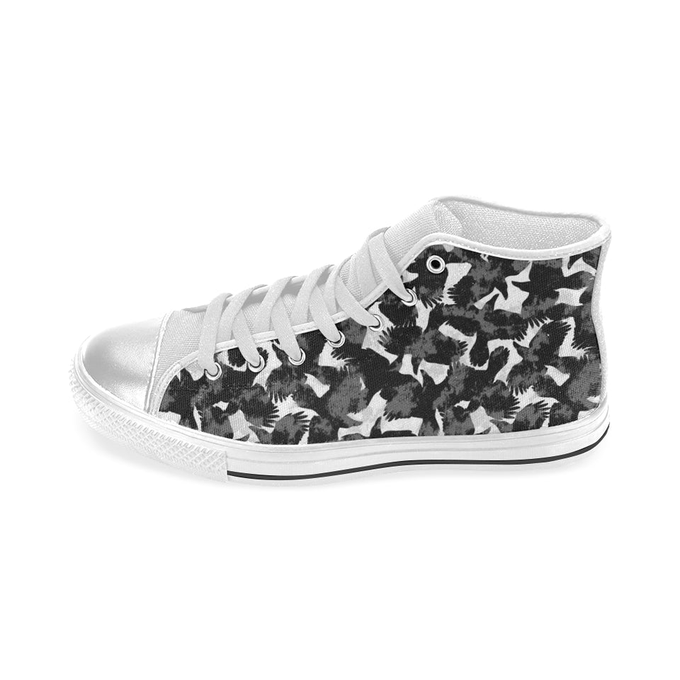 Crow illustration pattern Women's High Top Canvas Shoes White