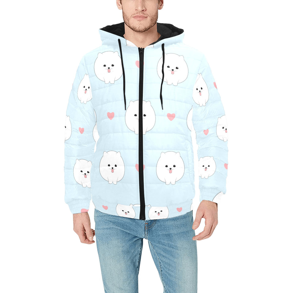 White cute pomeranian pattern Men's Padded Hooded Jacket