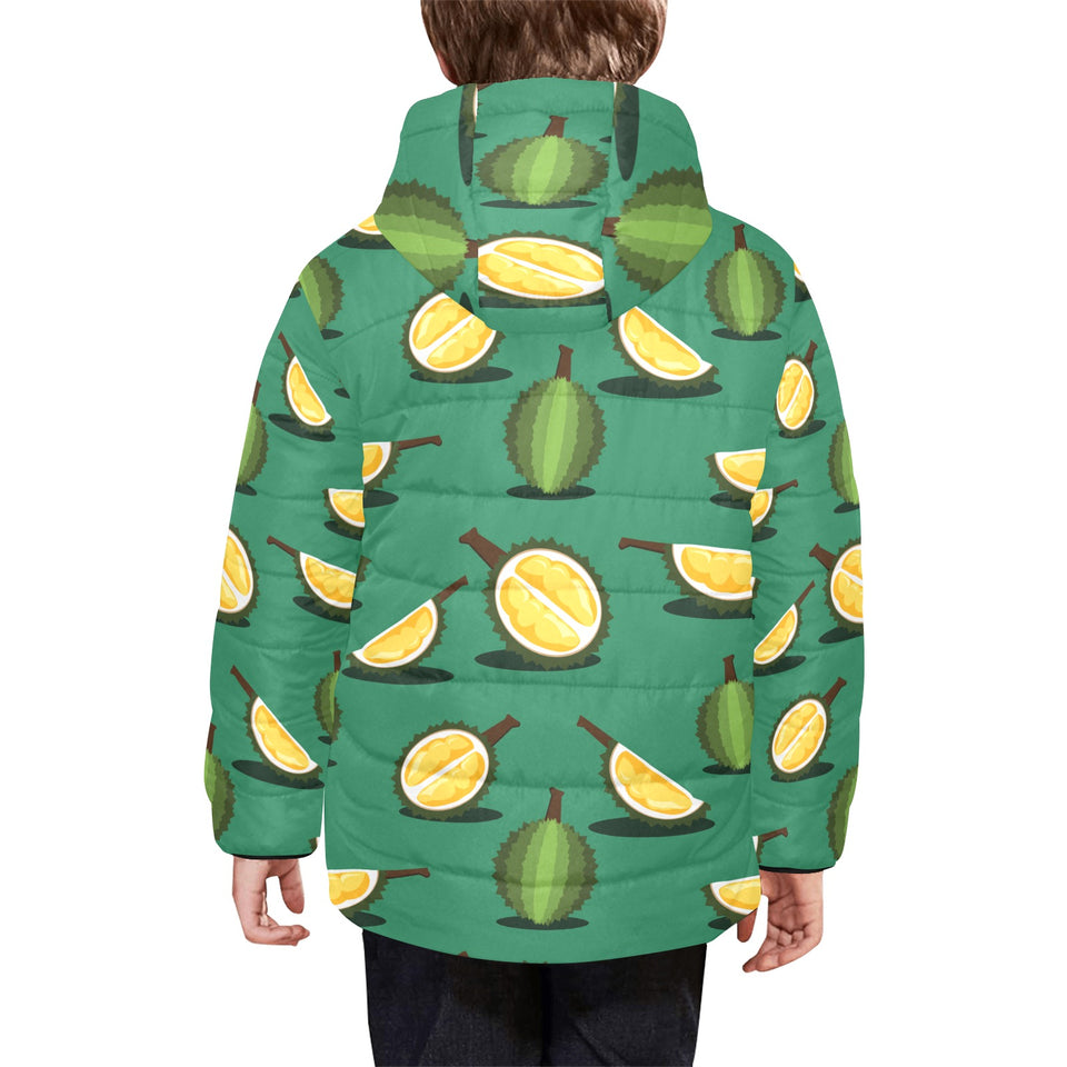 Durian pattern green background Kids' Boys' Girls' Padded Hooded Jacket