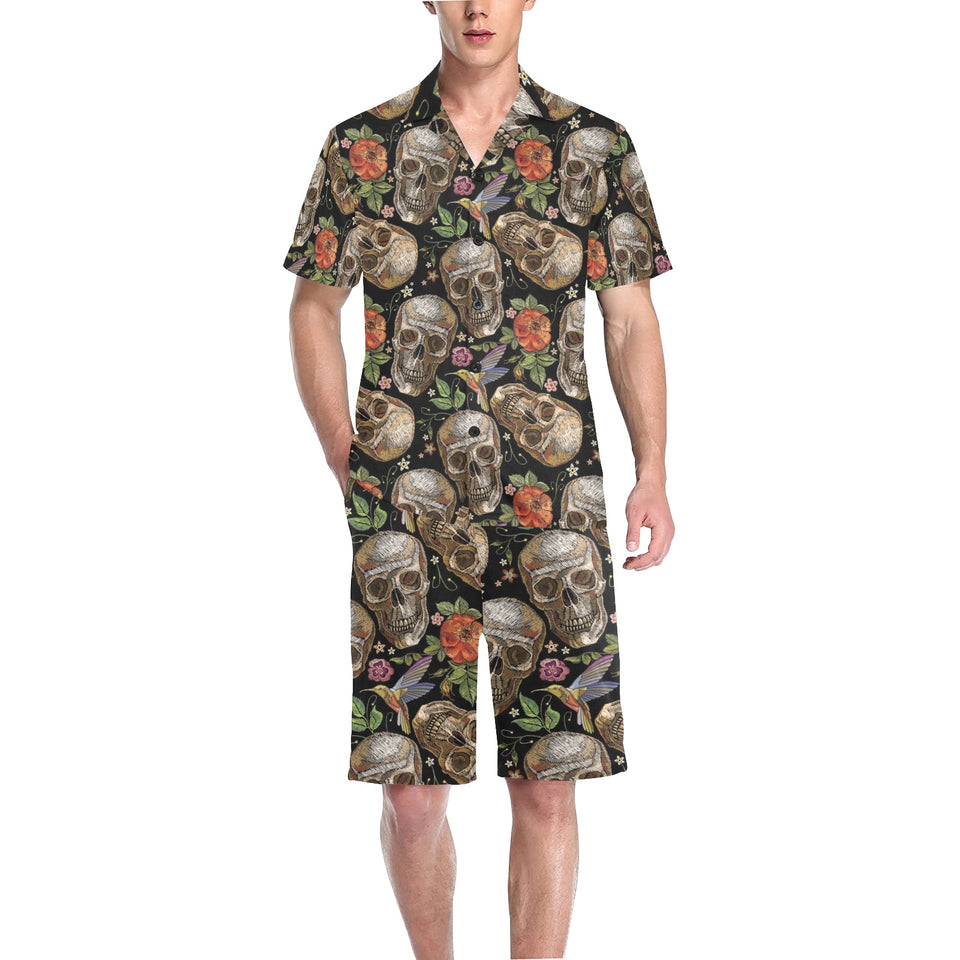 Skull rose humming bird flower pattern Men's V-Neck Short Pajama Set