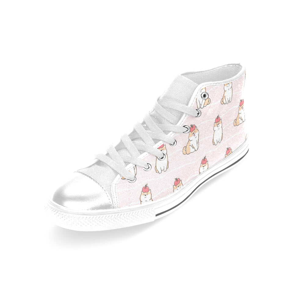 Cute Shiba Inu Dog Apple pattern Women's High Top Canvas Shoes White