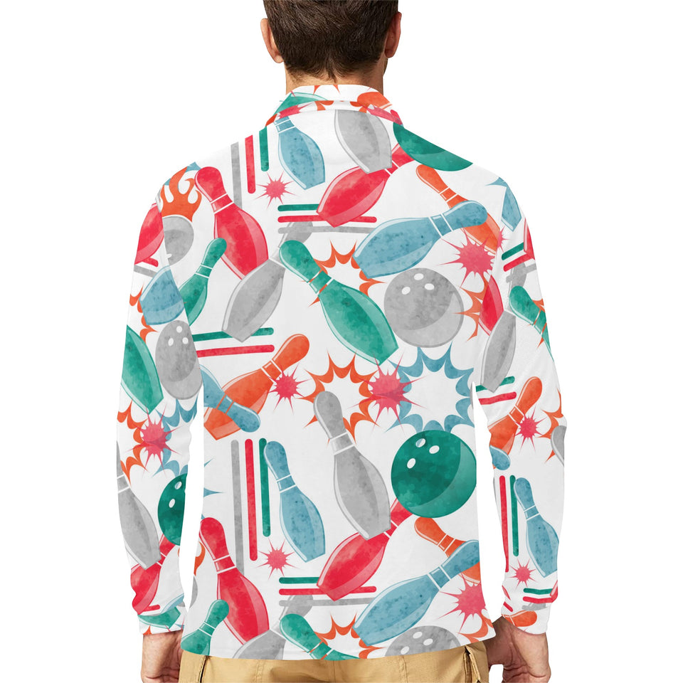 Watercolor bowling pattern Men's Long Sleeve Polo Shirt