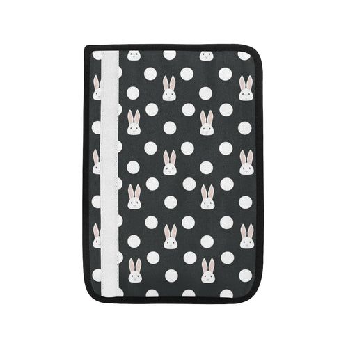 Cute white rabbit polka dots black background Car Seat Belt Cover
