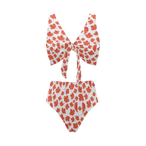 Canada Pattern Print Design 02 Chest Bowknot High Waisted Bikini Swimsuit
