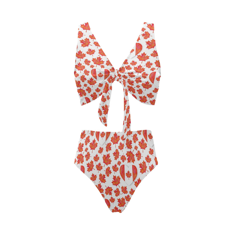 Canada Pattern Print Design 02 Chest Bowknot High Waisted Bikini Swimsuit
