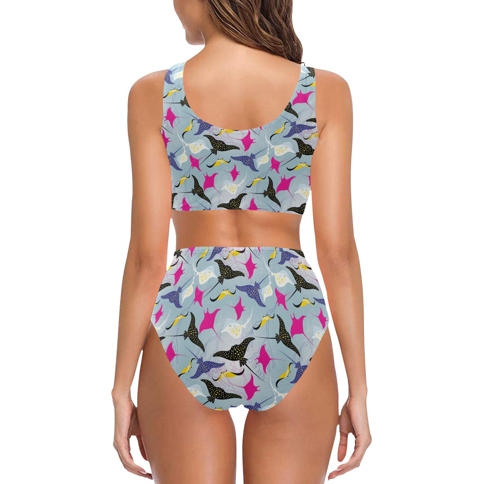 Stingray Pattern Print Design 01 Chest Bowknot High Waisted Bikini Swimsuit