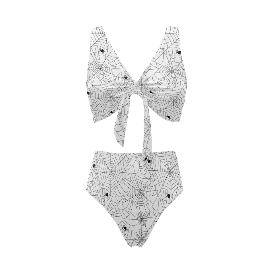 Spider web cobweb pattern white background Chest Bowknot High Waisted Bikini Swimsuit