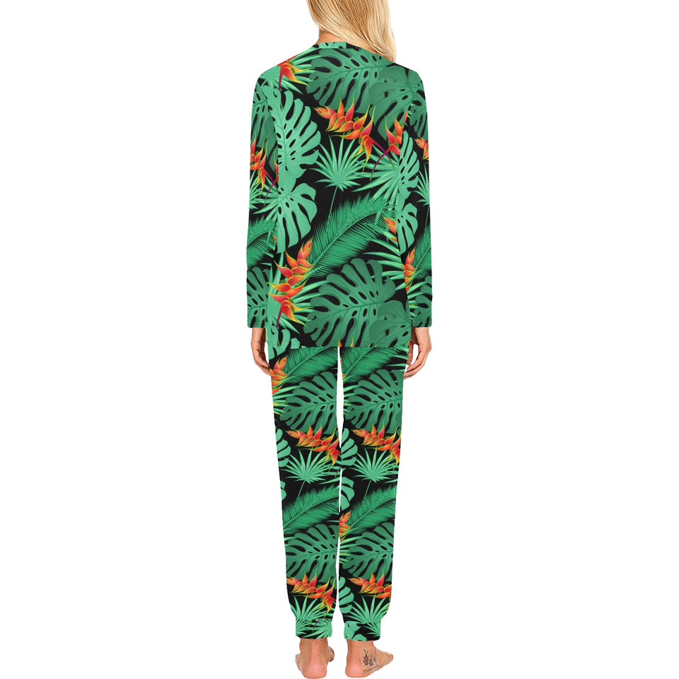 heliconia flower palm monstera leaves black backgr Women's All Over Print Pajama Set