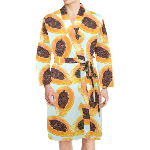 Watercolor papaya pattern Men's Long Sleeve Belted Night Robe