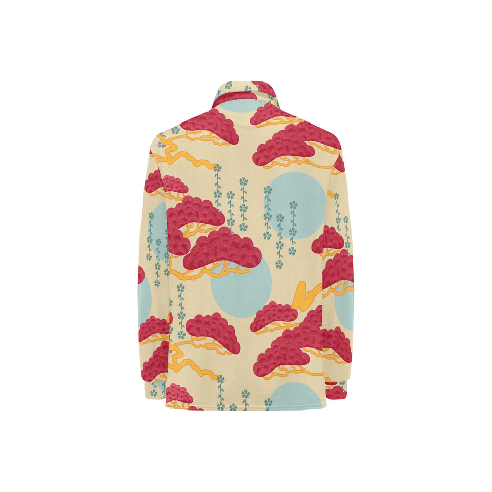 Red Bonsai gray sun japanese pattern Women's Long Sleeve Polo Shirt