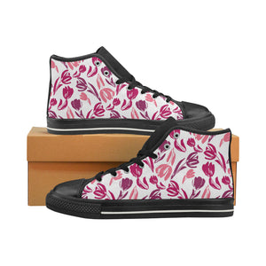 pink sketch tulip pattern Women's High Top Canvas Shoes Black