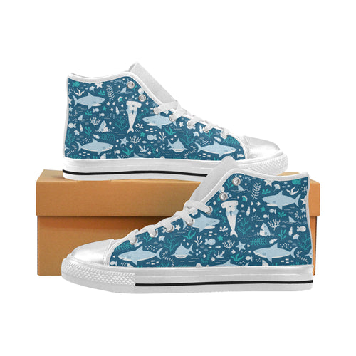 Cute shark pattern Women's High Top Canvas Shoes White