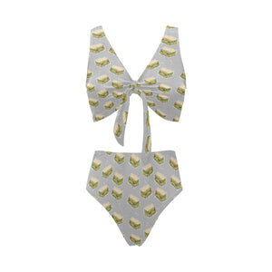 Sandwich Pattern Print Design 05 Chest Bowknot High Waisted Bikini Swimsuit