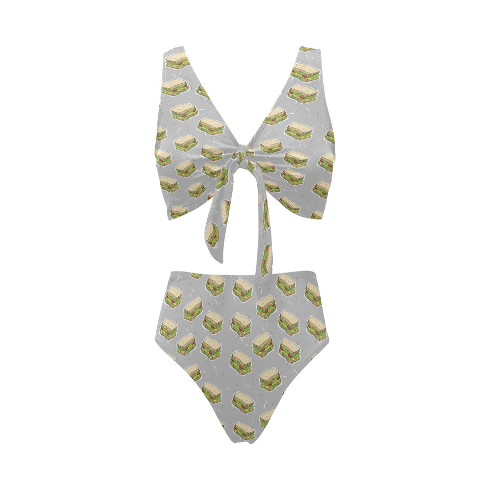 Sandwich Pattern Print Design 05 Chest Bowknot High Waisted Bikini Swimsuit