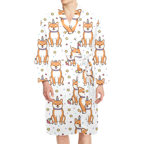 shiba inu unicorn costume horn colorful tail patte Men's Long Sleeve Belted Night Robe