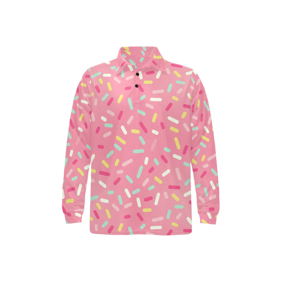Pink donut glaze candy pattern Men's Long Sleeve Polo Shirt