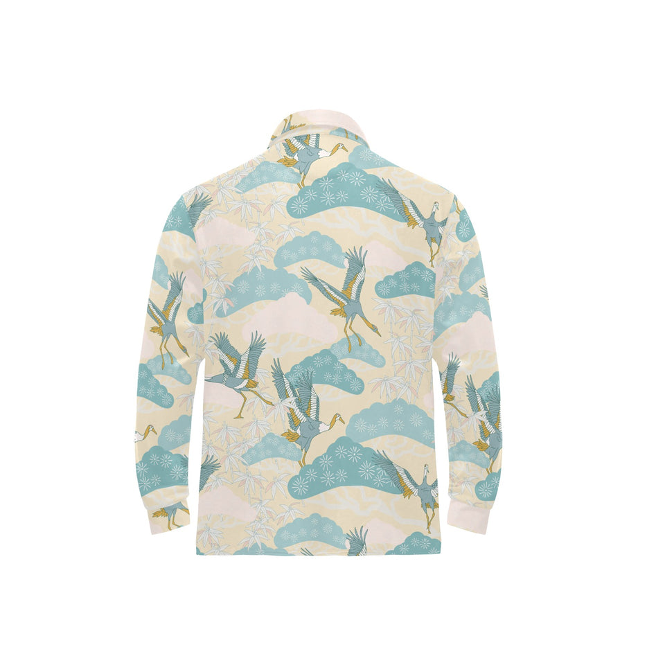 Bonsai bamboo stork japanese pattern cream theme Men's Long Sleeve Polo Shirt