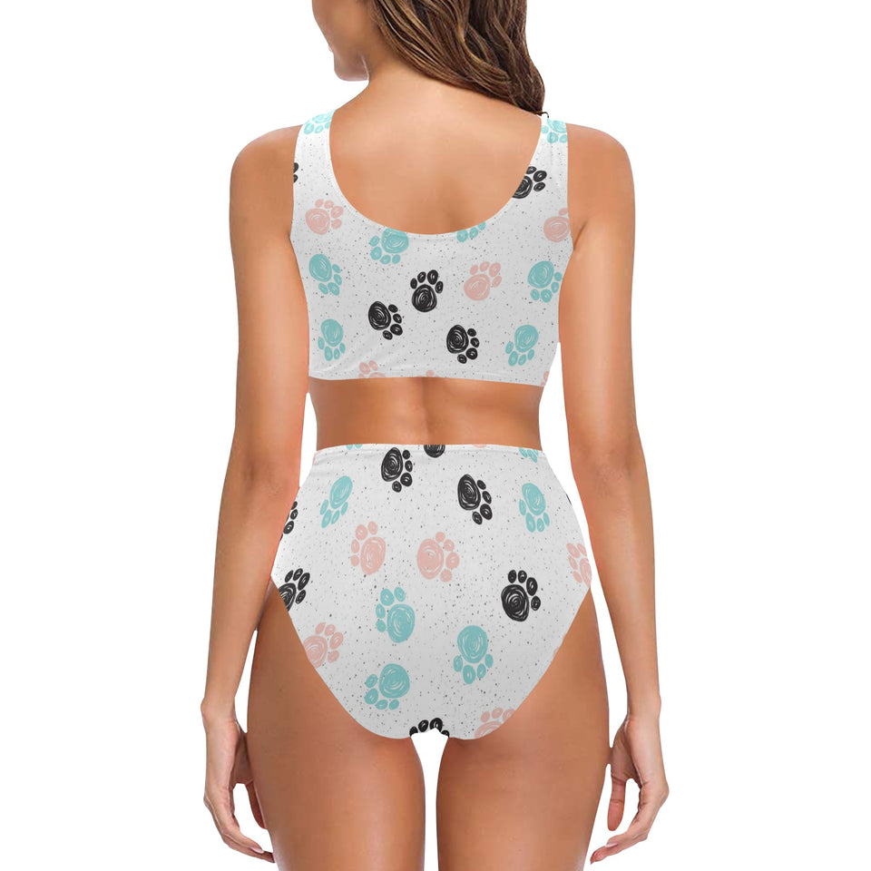 Dog Paws Pattern Print Design 04 Chest Bowknot High Waisted Bikini Swimsuit
