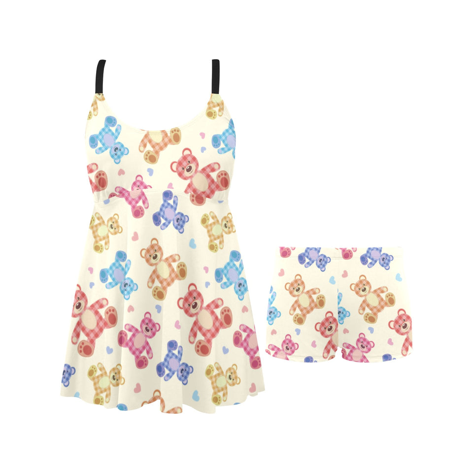 Teddy Bear Pattern Print Design 05 Chest Sexy Pleated Two Piece Swim Dress