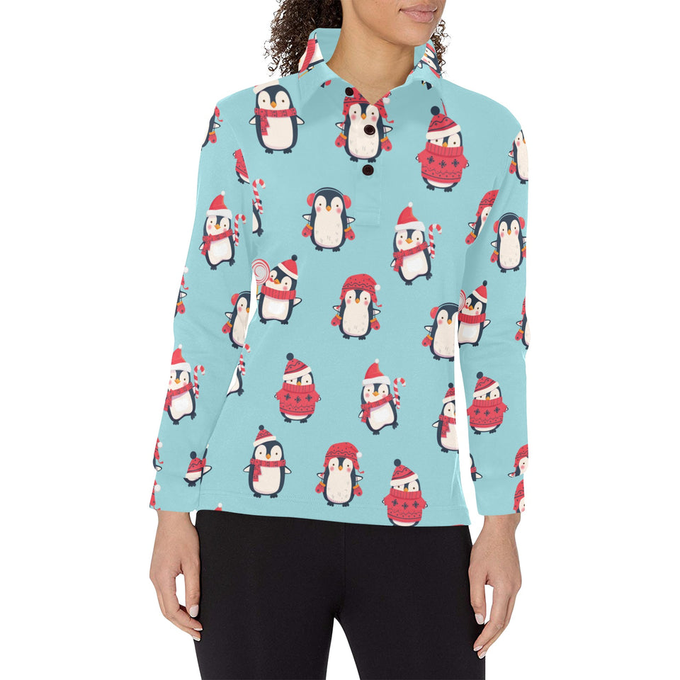 Cute penguin christmas design pattern Women's Long Sleeve Polo Shirt