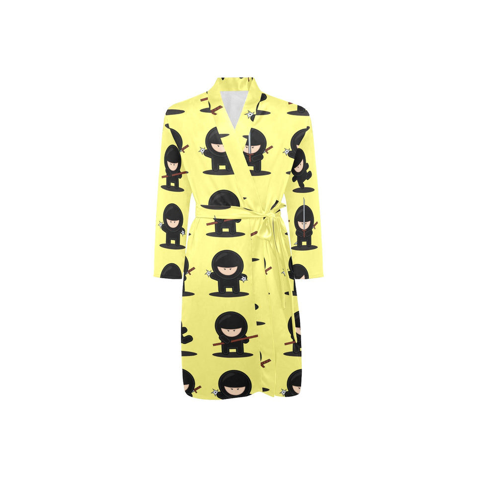 Cute ninja yellow background Men's Long Sleeve Belted Night Robe