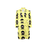 Cute ninja yellow background Men's Long Sleeve Belted Night Robe