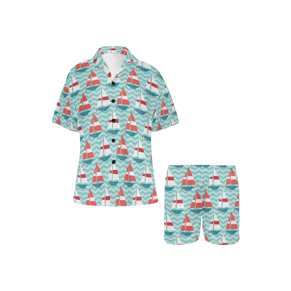 Red White sailboat wave background Women's V-Neck Short Pajama Set
