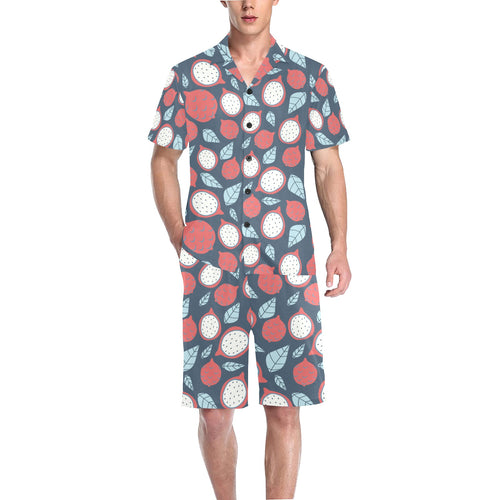dragon fruits dark blue background Men's V-Neck Short Pajama Set