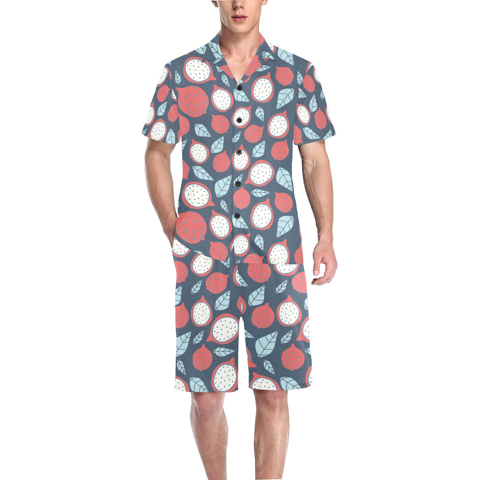 dragon fruits dark blue background Men's V-Neck Short Pajama Set