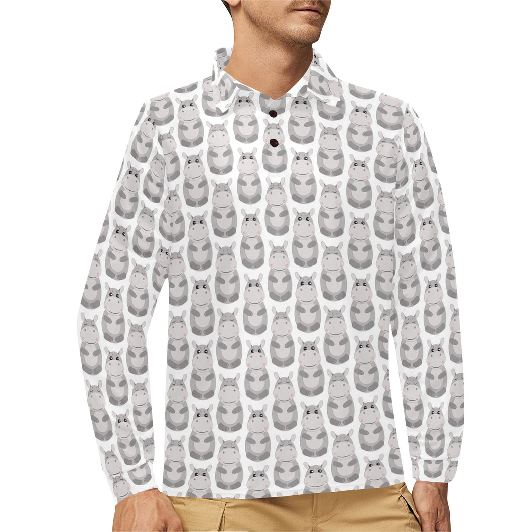 Hippopotamus Pattern Print Design 05 Men's Long Sleeve Polo Shirt