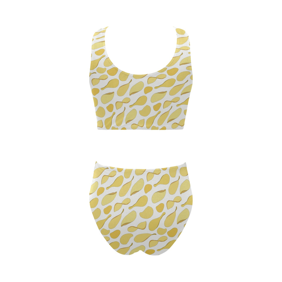 Potato Chips Pattern Print Design 02 Chest Bowknot High Waisted Bikini Swimsuit