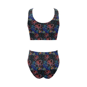 Octopus sea wave tropical fishe pattern Chest Bowknot High Waisted Bikini Swimsuit